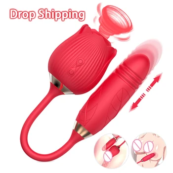 Rose Toy Thrusting Vibrator Female Sex Vibrating Tongue And Dildo Clit Sucker Vagina G Spot Masturbator Sexy Toys For Womans 18+ 2