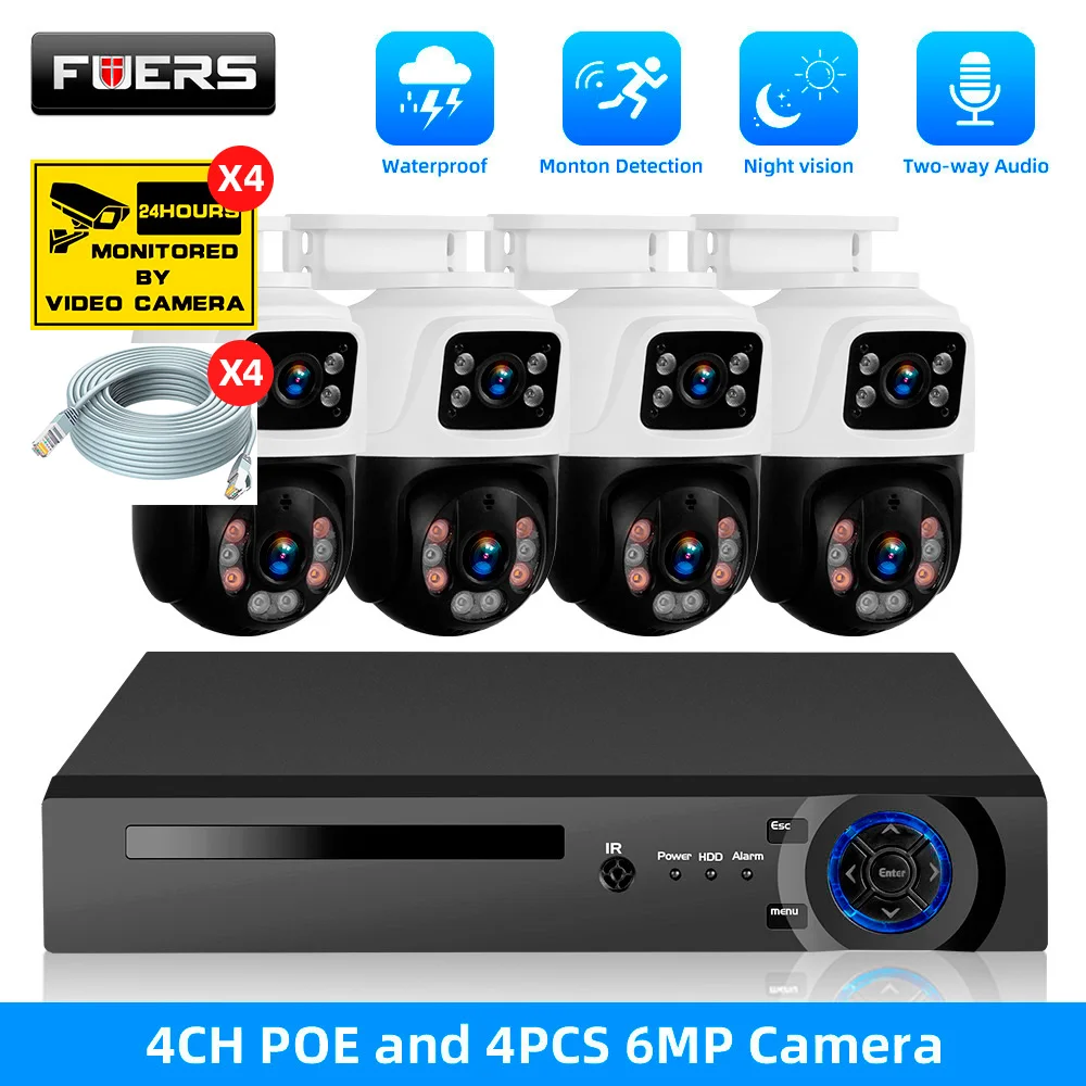 FUERS 4CH Poe 6MP Camera System Video Surveillance Kit Security Camera Ptz Camera Outdoor Camera Two Way Audio Full Color Night