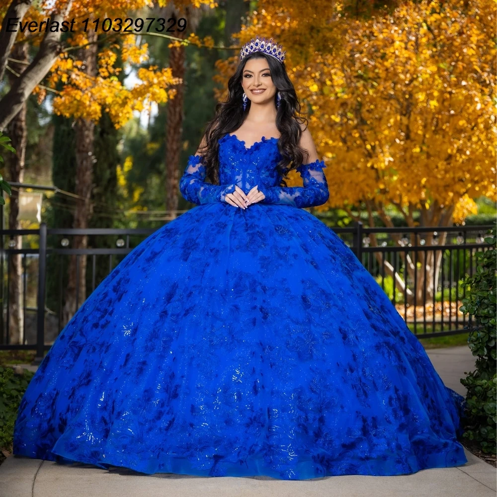 Quinceanera Dress Ball Gown Glitter Red Lace Applique Beading Long Sleeve Sweet 16 Vestido De 15 Anos E1Q08