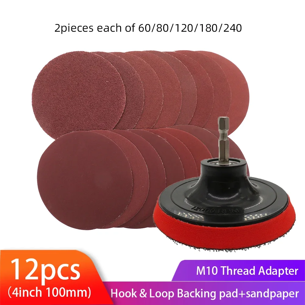 

10pcs 4'' 100mm Sanding Disc 60-240 Grit Sandpaper &1pc Sanding Pad Buffing Wheel Backing Pad Electric Drill Grinder Rotary Tool