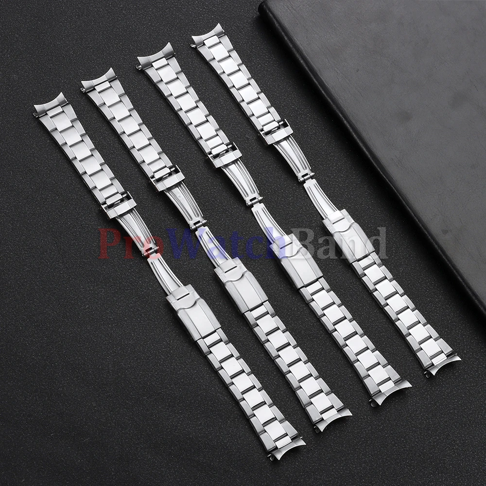 Men's Stainless Steel Curved End Sports Watch Strap with Universal Folding Buckle