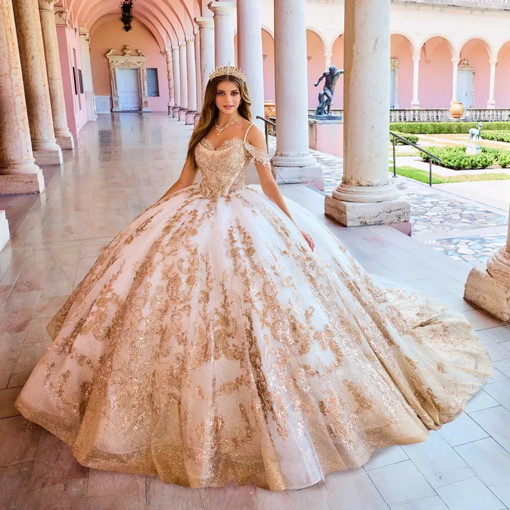 Luxury Sequin Appliques Quinceanera Dress Elegant Tulle Off Shoulder Birthday Sweet 16 Dress vestidos de 15 a&ntilde;os