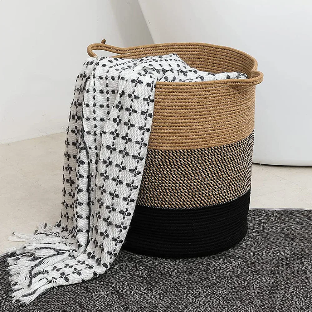

Cotton Rope Basket Woven Baby Laundry Basket Blanket Basket Toy Basket with Handle Comforter Cushions Storage Bin Thread Laundry