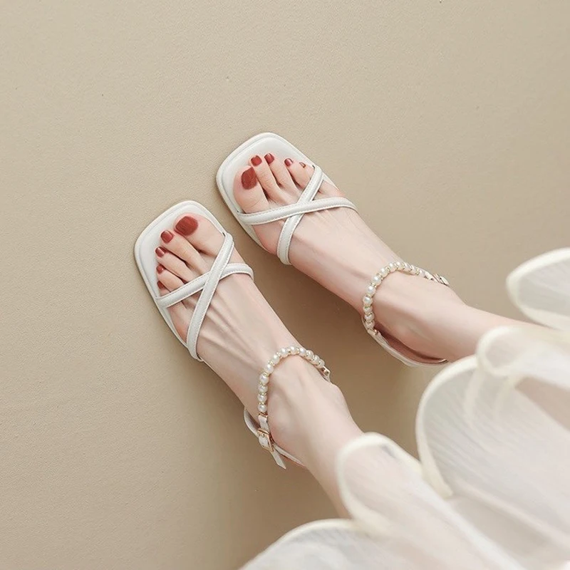 5.5CM Fashion Luxury Pearls Sandals Solid colours Designer Brand Women's Shoes Thick with High Heel Sandals Female Casual