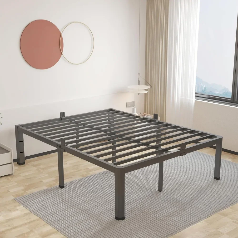 

14" Metal Queen Bed Frame with Rounded Corners and Headboard Hole Mattress Retainer 3500LBS Heavy Duty Steel Slats