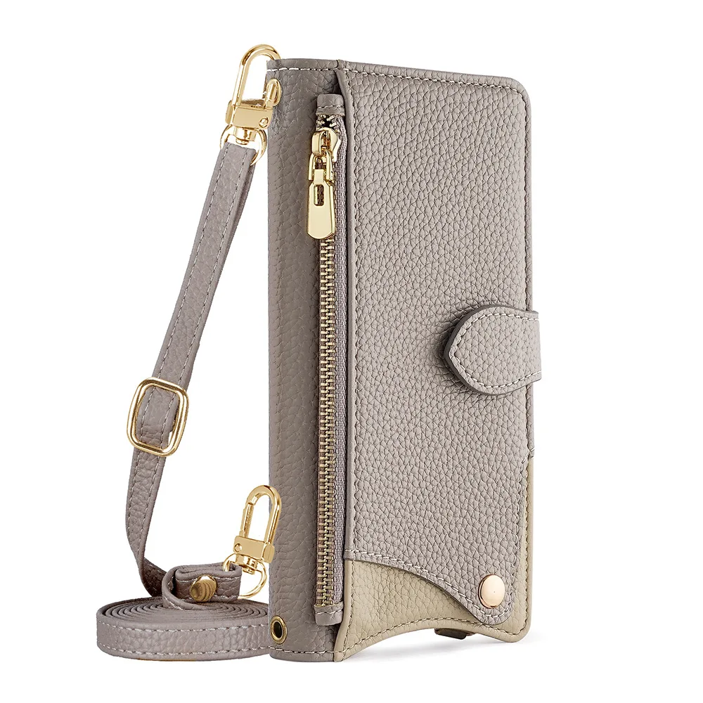 Zipper Mirror Wallet Case with Leather Wrist Strap and Multi-Card Holder