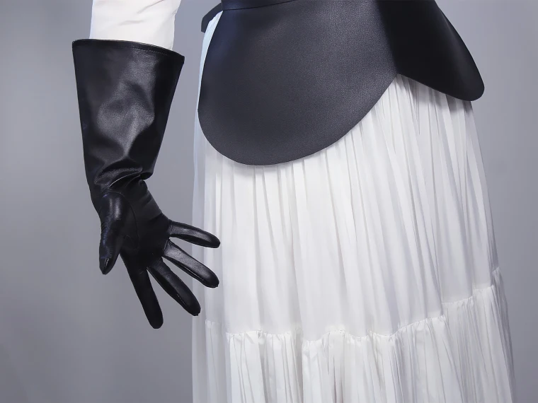 REAL LEATHER TECH LONG GLOVES Unisex Black 38cm Wide Balloon Puff Sleeves Large LLDLLNT