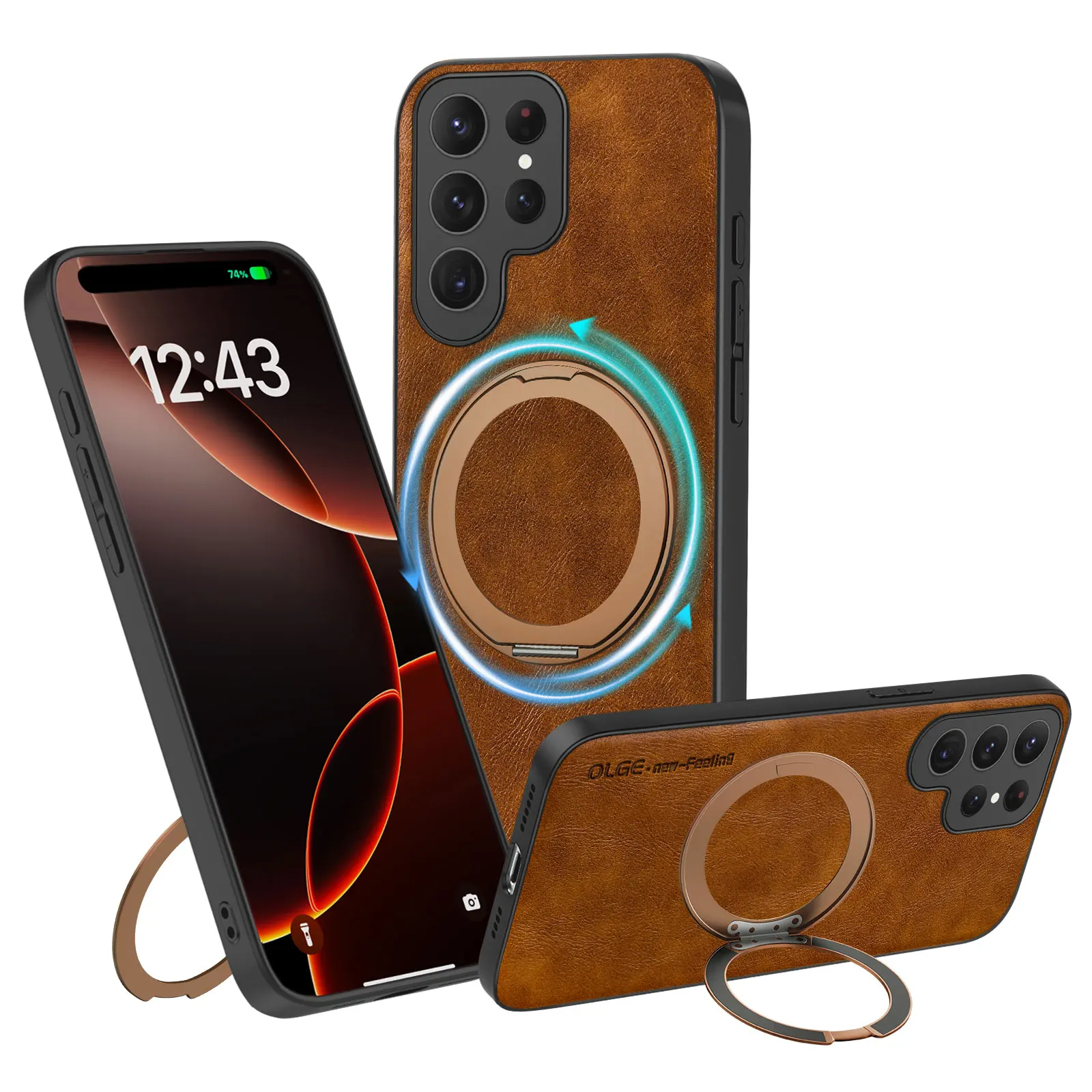 Magnetic Kickstand Leather Phone Case with Wireless Charging Compatibility