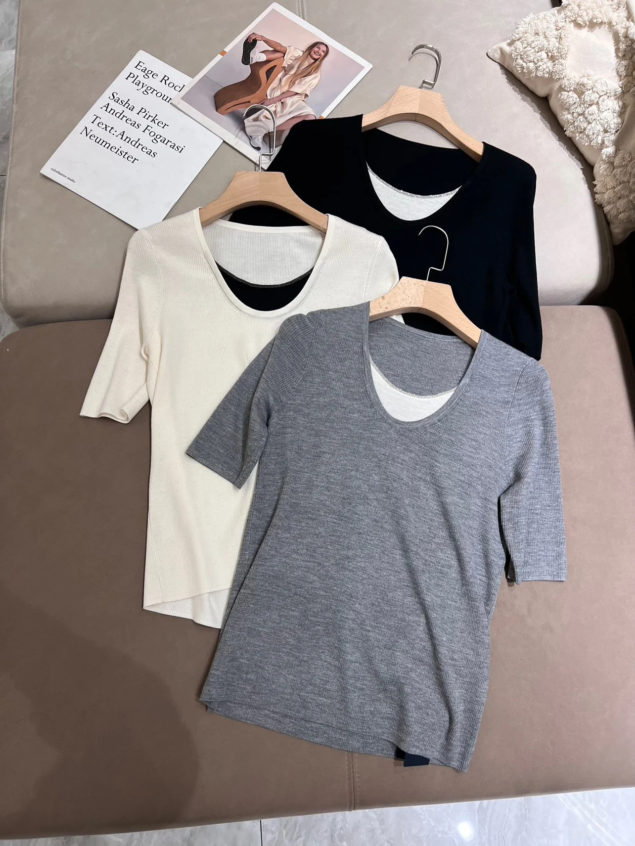 

Summer 2024 Women's T-shirt Wool Silk Short-sleeved Top With Pockets U-Neck Pullover Tops For Female Clothing B*C
