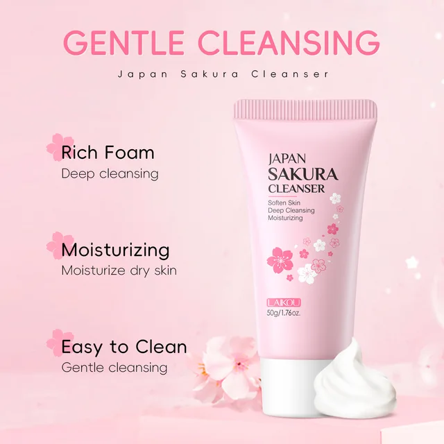 LAIKOU Sakura Facial Cleanser Foam Face Wash Remove Blackhead Moisturizing Shrink Pores Deep Cleaning Oil Control Skin Care 50g 6