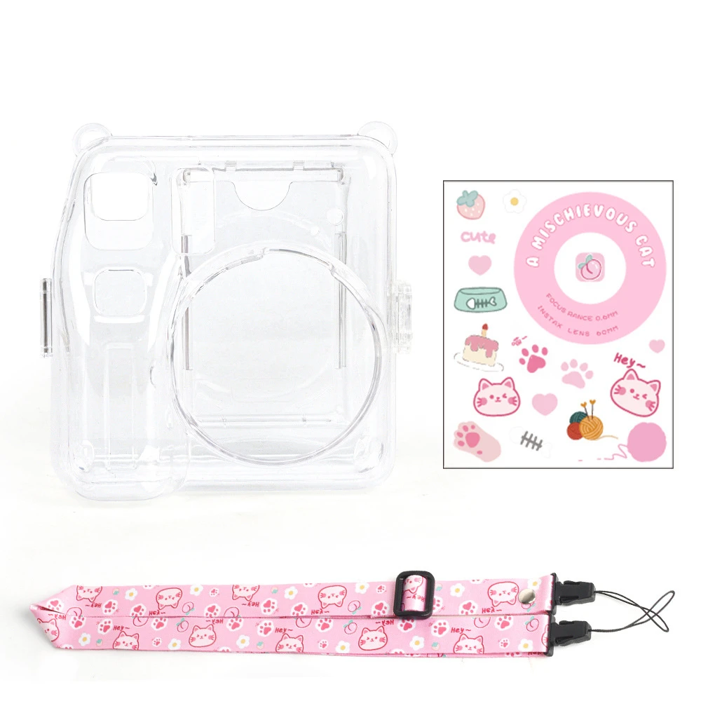 Custodia Rigida Trasparente Per Fotocamera Instax Mini SE - Set Con Tracolla E Adesivo (Viola)