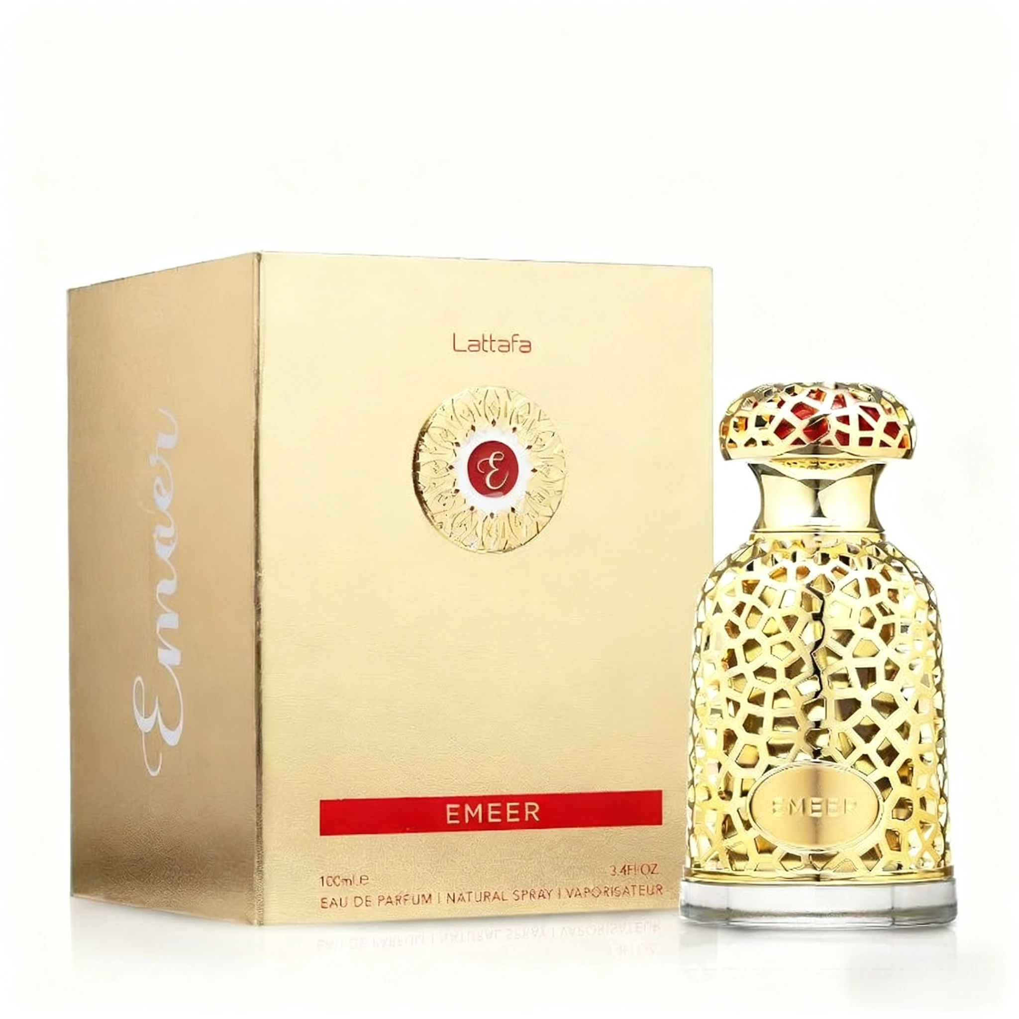Lattafa Emeer Parfüm: Goldene ausgehöhlte Luxusflasche, vollständig veröffentlicht den reichen Duft des Nahen Osten