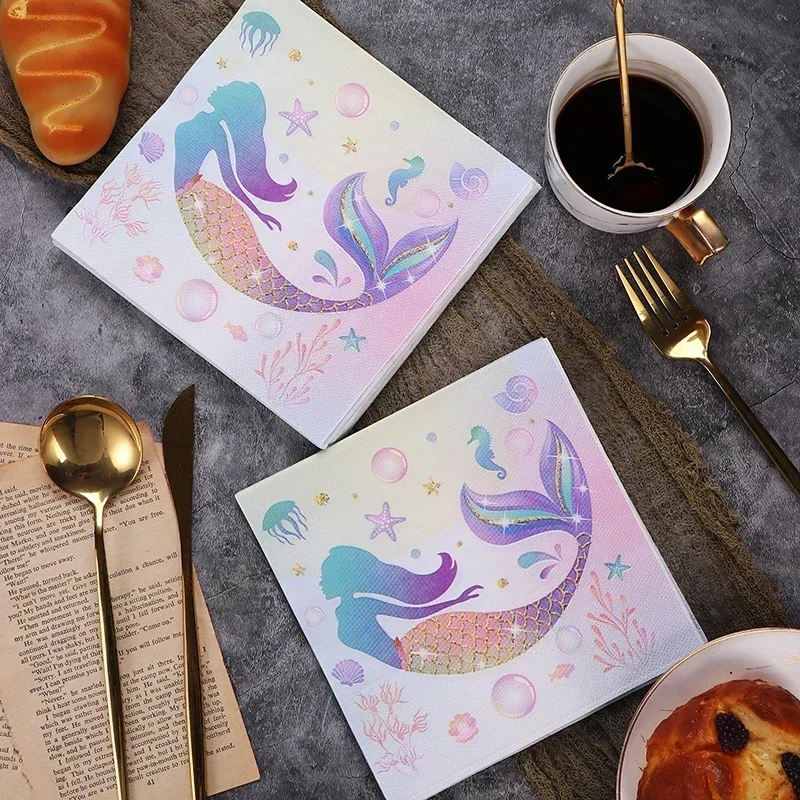 20pcs/pac 33*33cm New Mermaid Printing Paper Napkins Cartoon Birthday Party Colourful Napkins Personalised Dress Up with Paper
