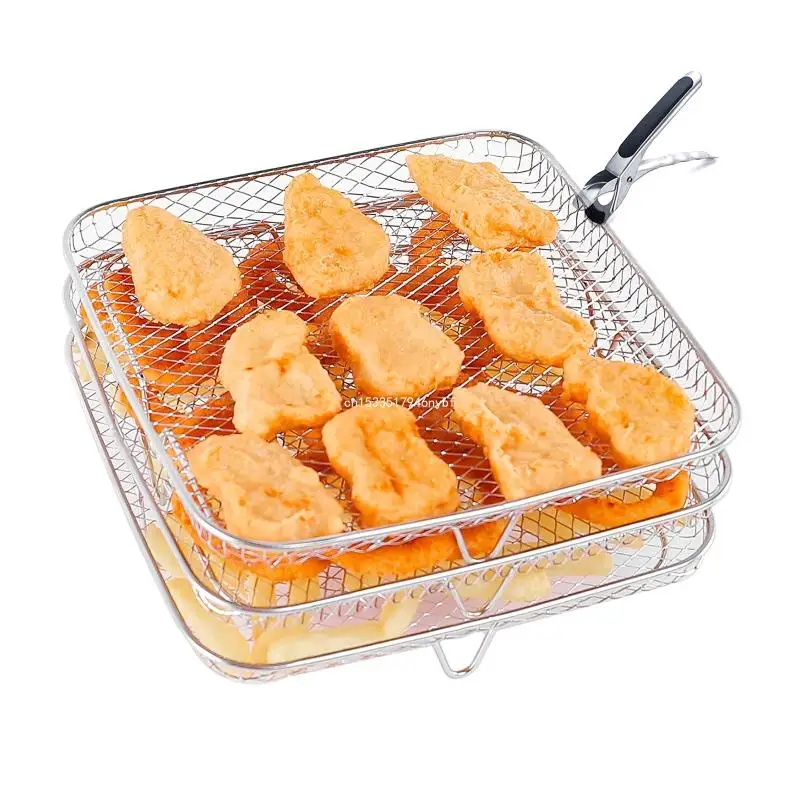 

Multi-purpose Air Fryer Rack Three Layer Square Stackable Racks with Clamp Stainless Steel Dehydrator Rack Toasts Dropship