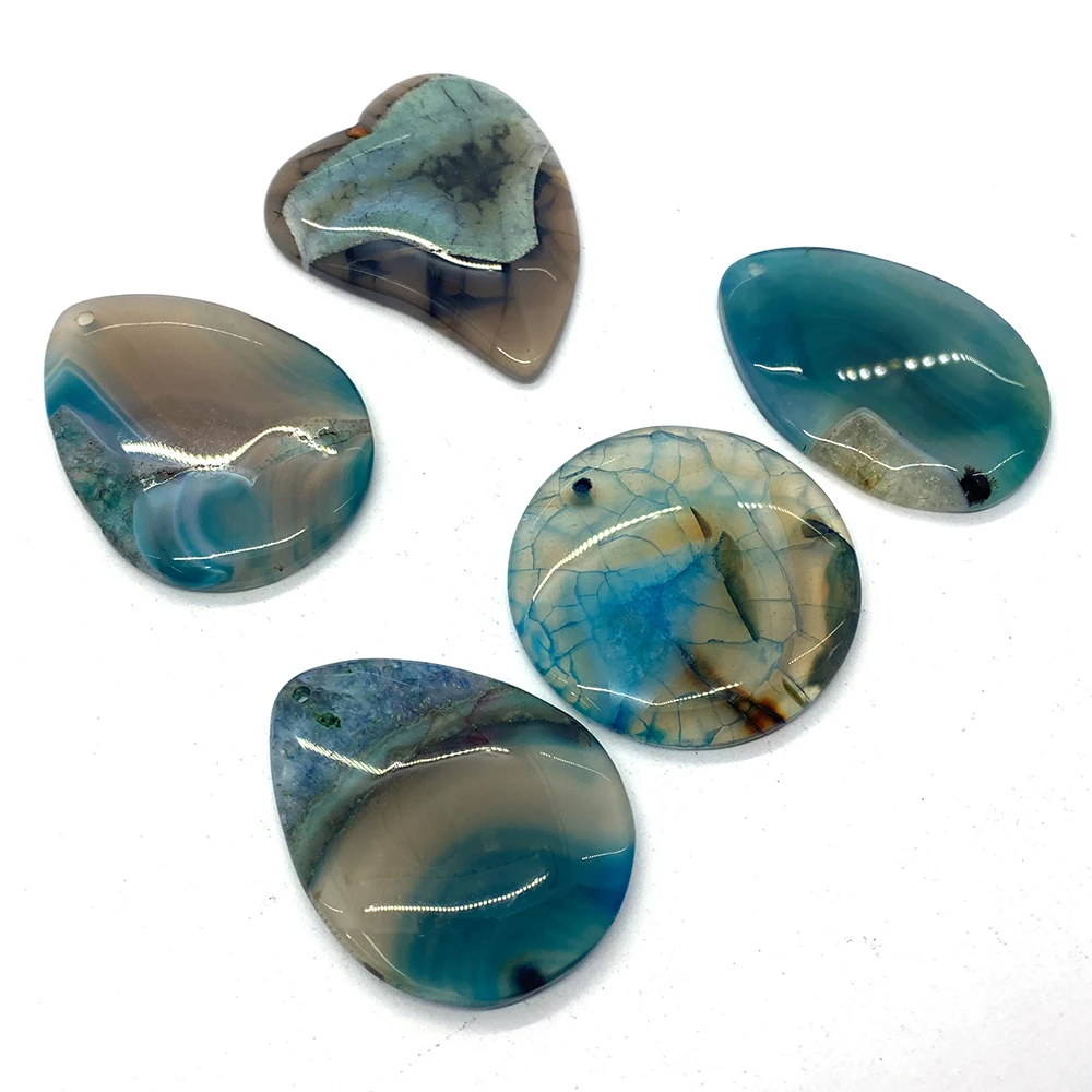5pcs/pack Natural Onyx Charm Blue Sea Pattern Agate Pendant Hole Color Sliced Quartz DIY Jewelry Necklace Earring Accessories