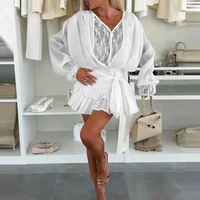 V-neck Long Sleeve Chiffons Dress Women Sexy Lace Splicing Hight Waist Short Dress Fashion Lace-Up Solid A-Line Dresses