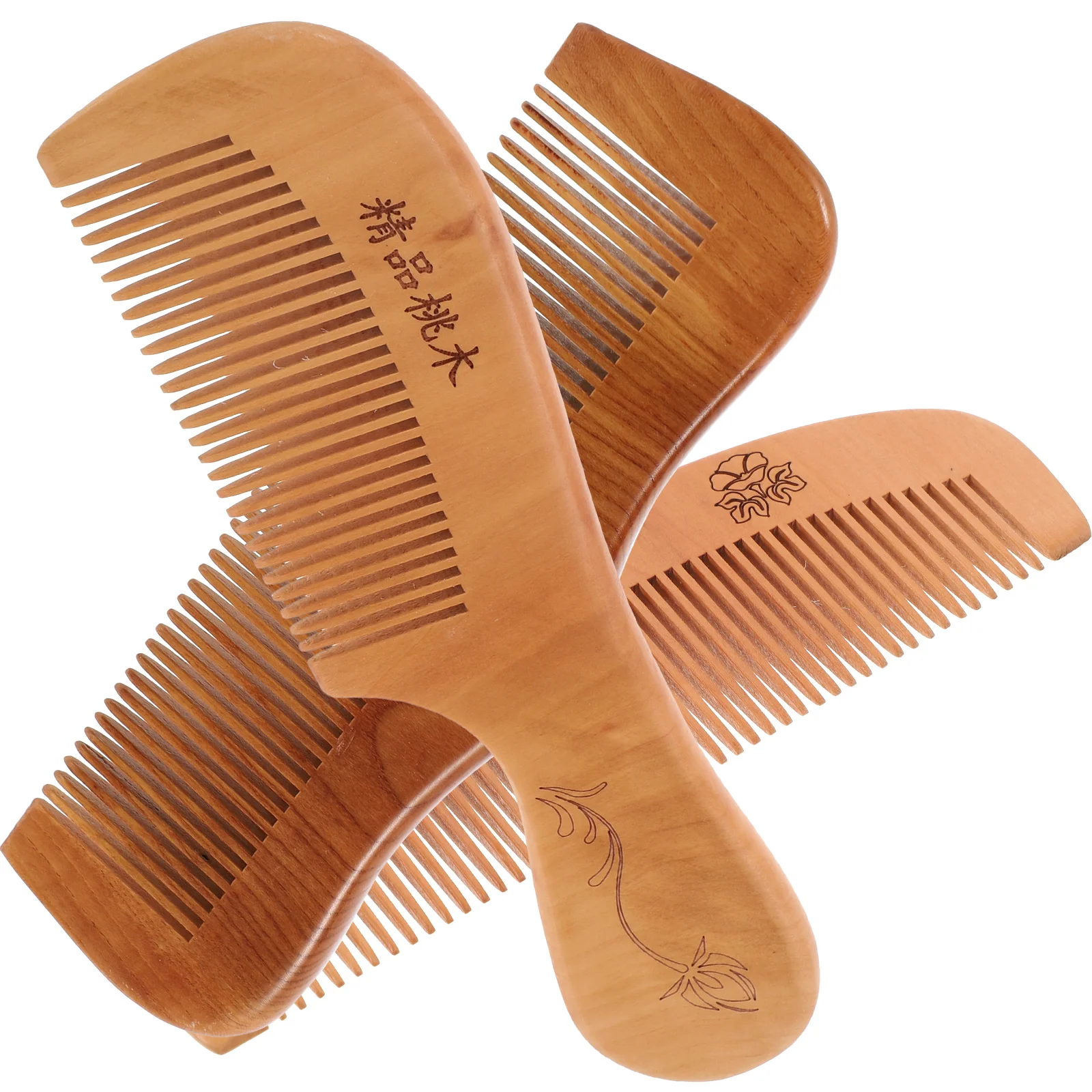 

Peach Wooden Combs Natural Anti- static Portable Carved Wood Handle Combs for 3PCS