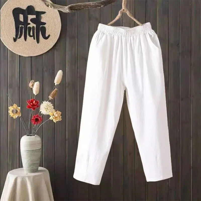 Women's Harem Pants Summer Cotton Linen Capri Pants Breathable Ankle-length Trousers Casual Retro Loose Mom Pant Solid Pockets