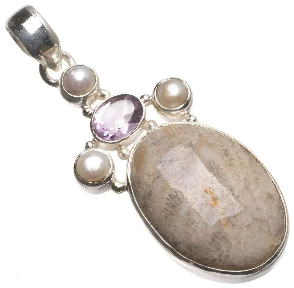 

Chrysanthemum Jasper,Amethyst and River Pearl Handmade Vintage 925 Sterling Silver Pendant 2" T2280