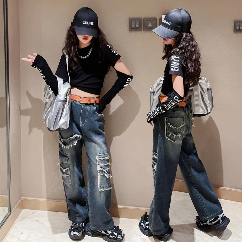 

Girls Cool Black Tops Dance Jazz Hiphop T-shirt 8 10 12 Print Fashion Tee Shirt +Jeans 2pcs Children Set