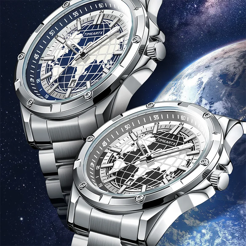 Men's Stainless Steel Waterproof Luminous Quartz Watch - World Map Dial, Military Business Style by TIMEARTX