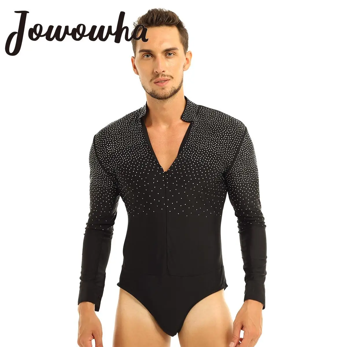 

Mens Ballroom Latin Dance Leotard Rhinestone V-Neck Bodysuit Shirt Tops Modern Tango Rumba Competition Performance Dancewear