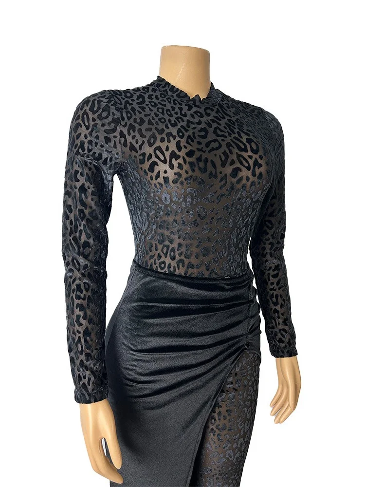 Wmstar Two Piece Jumpsuit for Women Wholesale Long Sleeve Bodycon Party  Leopard Print Velvet Sexy See Through Romper and Skirts