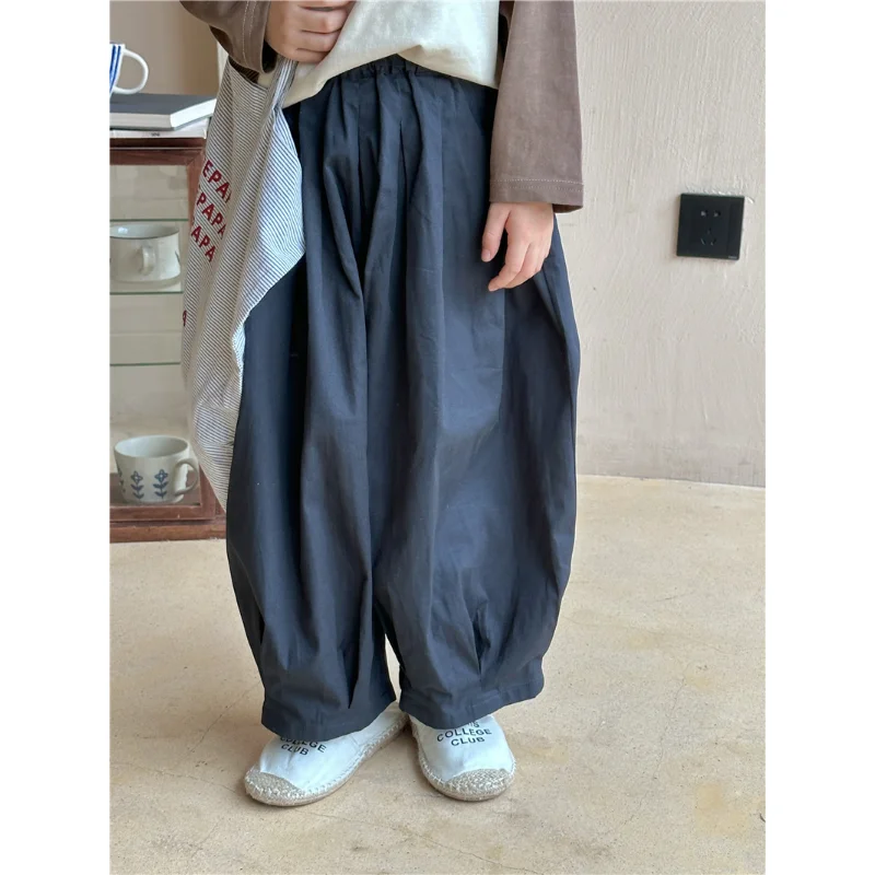 

2023 Spring Autumn New Boy and Girls Washed Cotton Bloomers Baby Fashion Solid Color Loose Simple Pants Children Casual Pants