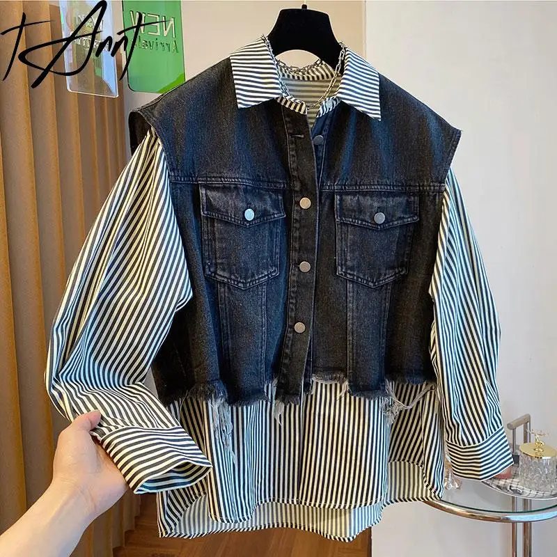 

Tannt Women Shirt Denim Patchwork Fake Two Stripes Casual Shirts Blouses Asymmetry Color Matching Oversize Tops Women 2023 New