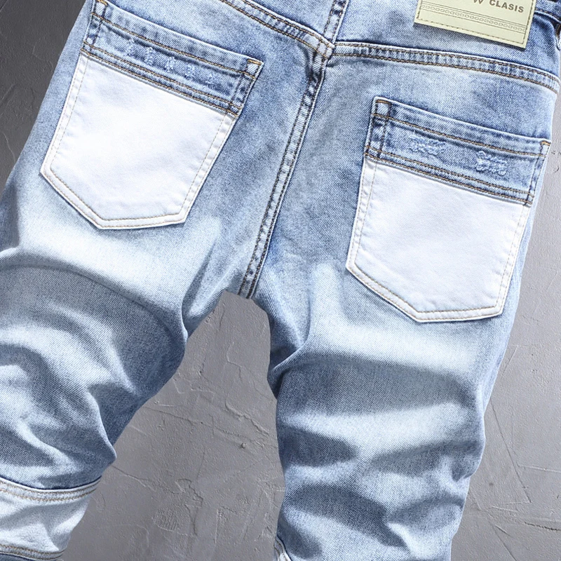 Street Fashion Men Jeans Retro Light Blue Elastic Stretch Slim Fit Ripped Jeans Men Spliced Designer Hip Hop Denim Pants Hombre