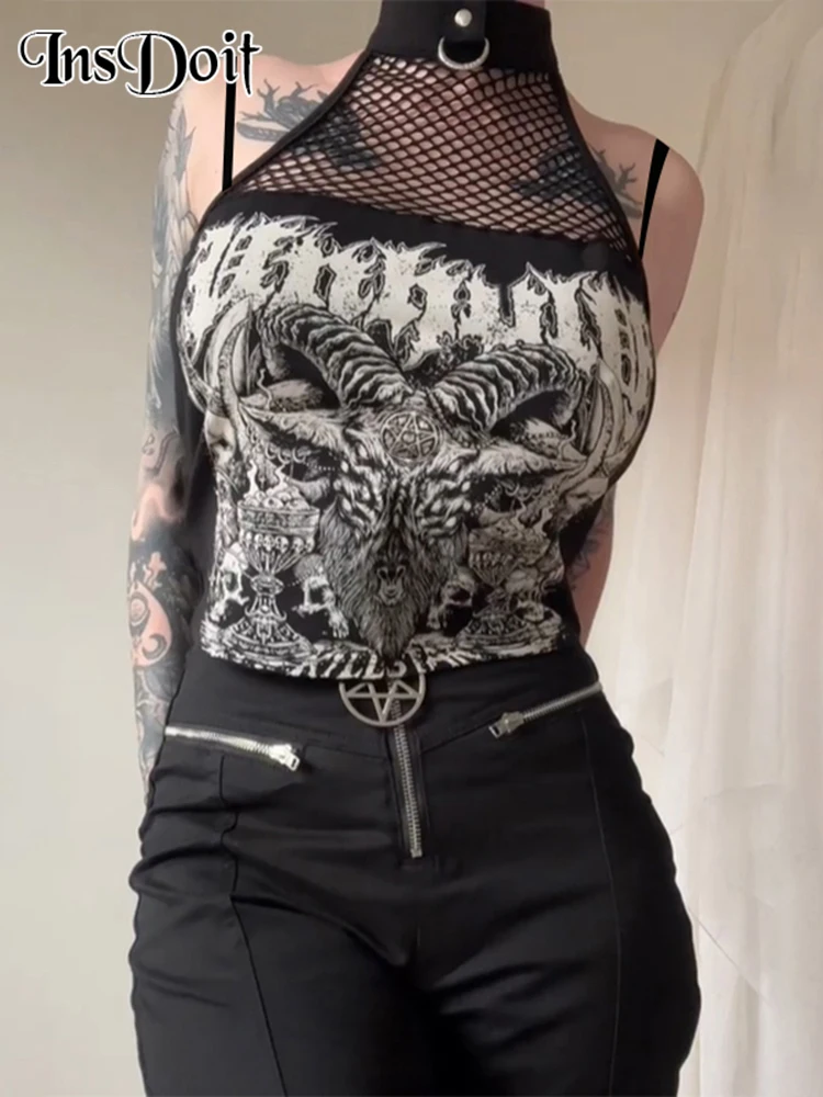 

InsDoit Letter Print Punk Tank Tops Fishnet Gothic Grunge Harajuku Women Y2K Summer Vintage Black Sleeveless Streetwear Camisole
