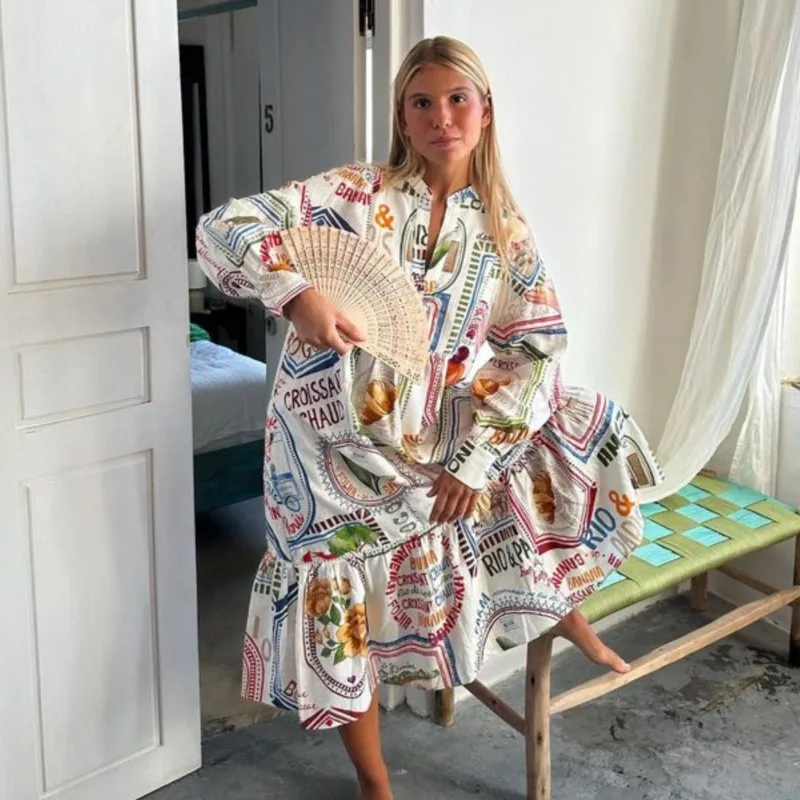 

Cartoon Printed Loose Long Dresses 2024 New O-neck Single Breasted Long Sleeve Summer Vacation Maxi Dress Casual Vintage Vestido