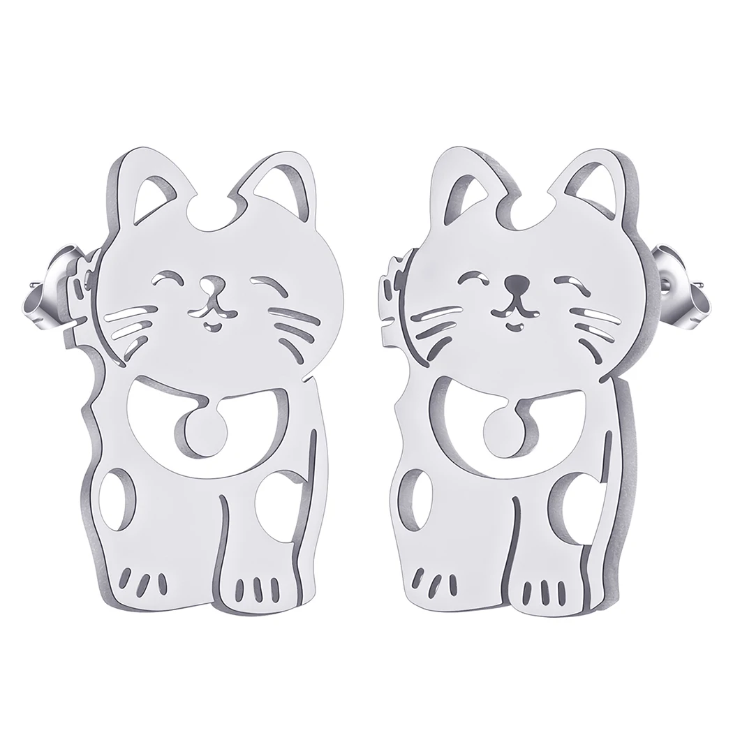 QIMING Lovely Animal Fortune Cat Stud Earrings Women Stainless Steel Jewelry Girls Good Luck Earrings Gift 4
