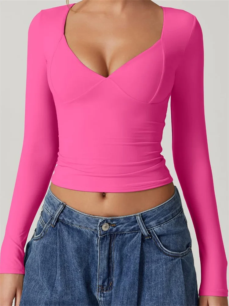 CHRONSTYLE Women V-neck Low Cut Solid Color T-Shirts Long Sleeve Slim Fit Round Neck Spring Fall Casual Tops Streetwear New