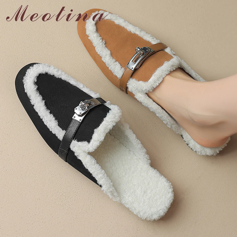 

Meotina Women Genuine Leather Mules Round Toe Flats Metal Decoration Sheepskin Fur Ladies Fashion Shoes Winter Black Brown 41