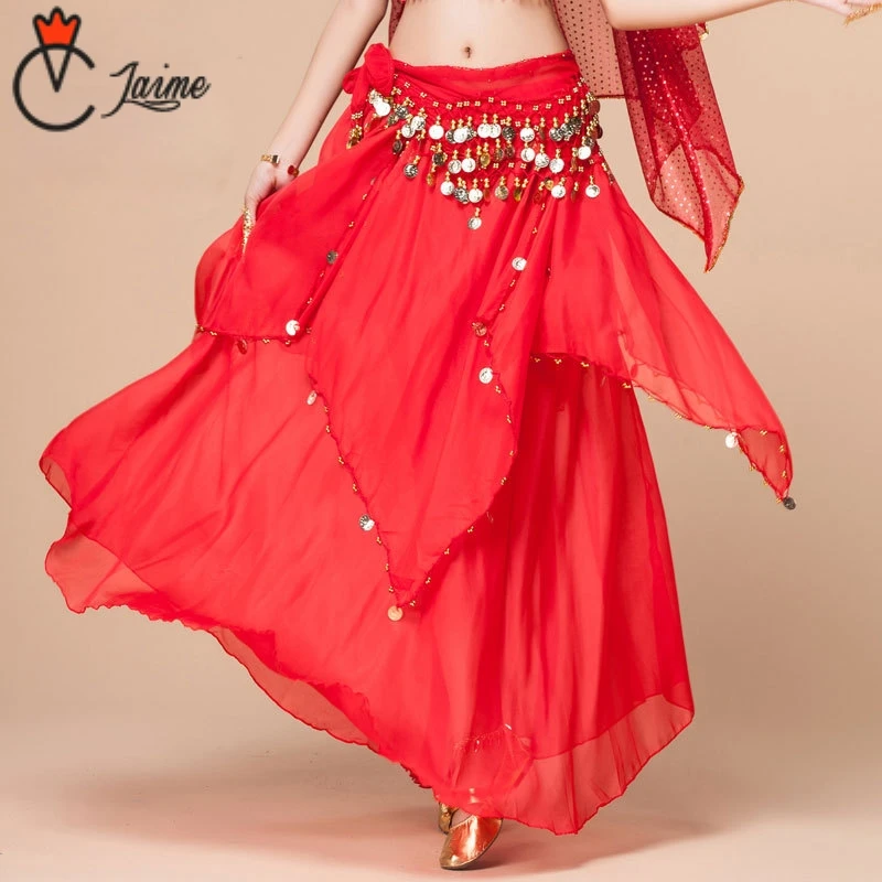 

8 Colors Solid Dancewear Women Bollywood Dance Wear Chiffon Indian Skirt Elastic Waist Long Belly Dance Coin Skirts
