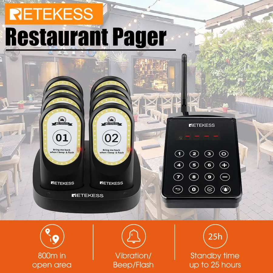Retekess-Clavier de restaurant TD184, 8 bipeur de caboteur, récepteur,  système de radiomessagerie, compte à rebours de service, alarme hors portée  pour 73 Food Court