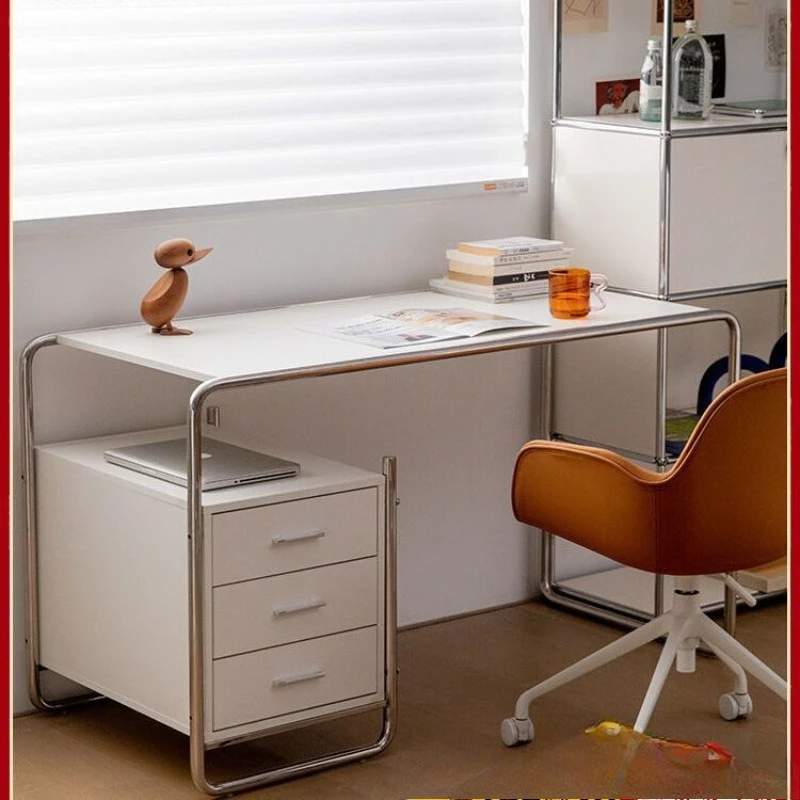 Stainless Steel Desk Simple Modern Household Bauhaus Desk with Drawers Single Office Writing Computer Desk FS @