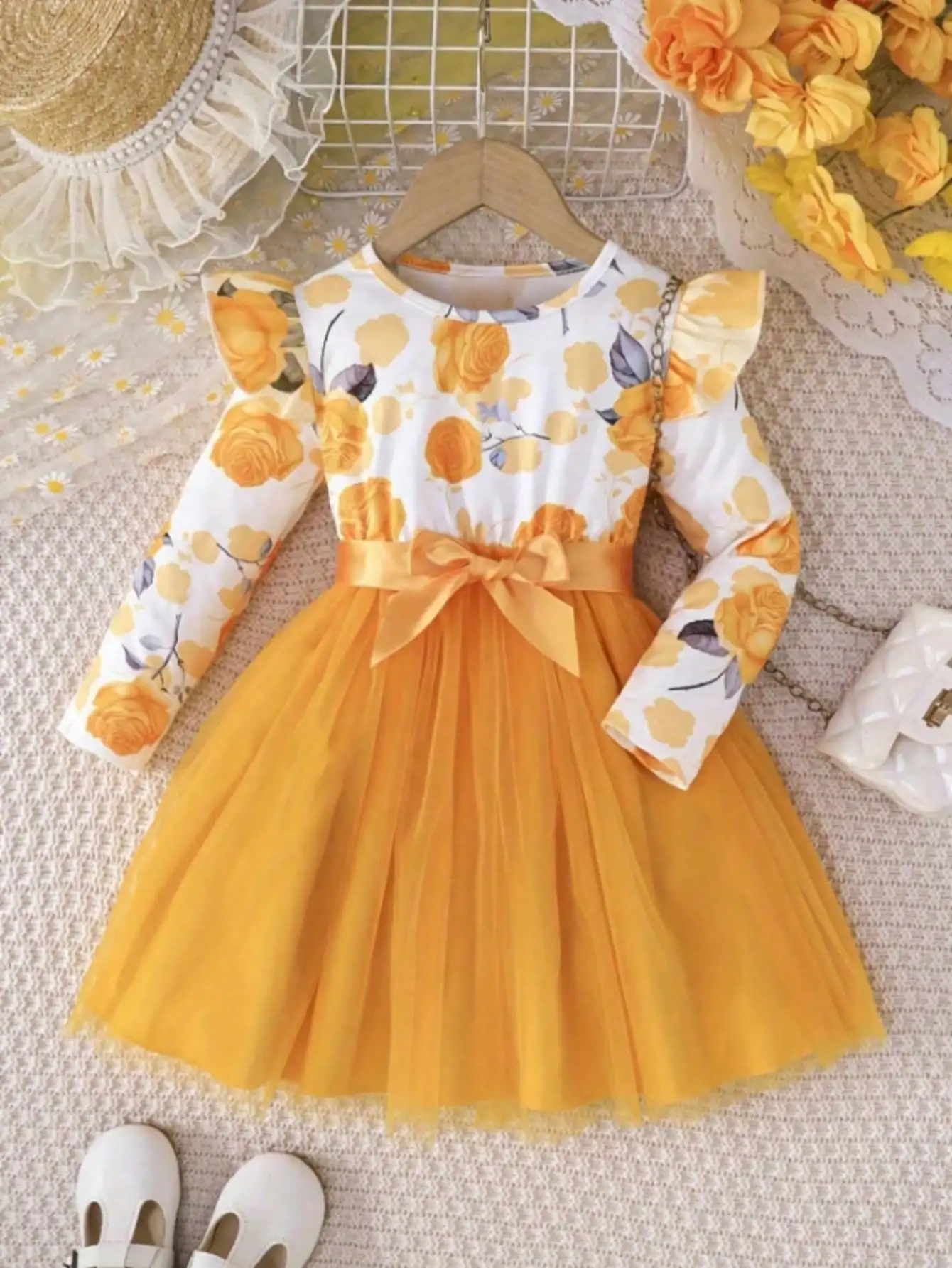 Durchsichtiges, langärmliges Kinderkleid mit Blumenmuster und Taillenband, lässige Frühlings- und Herbstkleidung, trendiger Stil