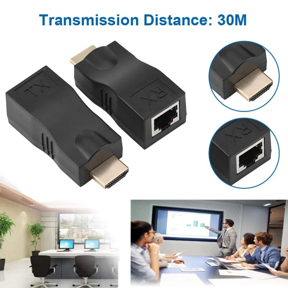 HDMI 호환 RJ45 연장기 HDMI 호환 연장기 RJ45 30M 연장기 - Cat 5e/6 네트워크 LAN 이더넷 어댑터를 통한 RJ45