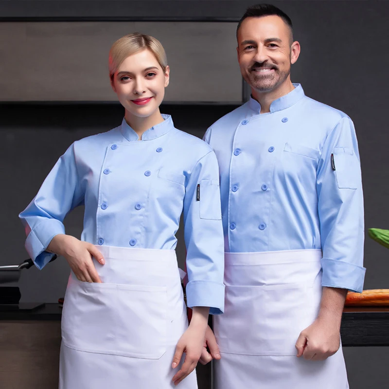 Light Blue Chef Jackets Restaurant Kitchen Uniform Canteen Double
