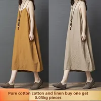 High Waist Loose Fit Summer Cotton Lin Blend Thin Outerwear Friendly Casual Dress plus Size Illusory Slimming White Color