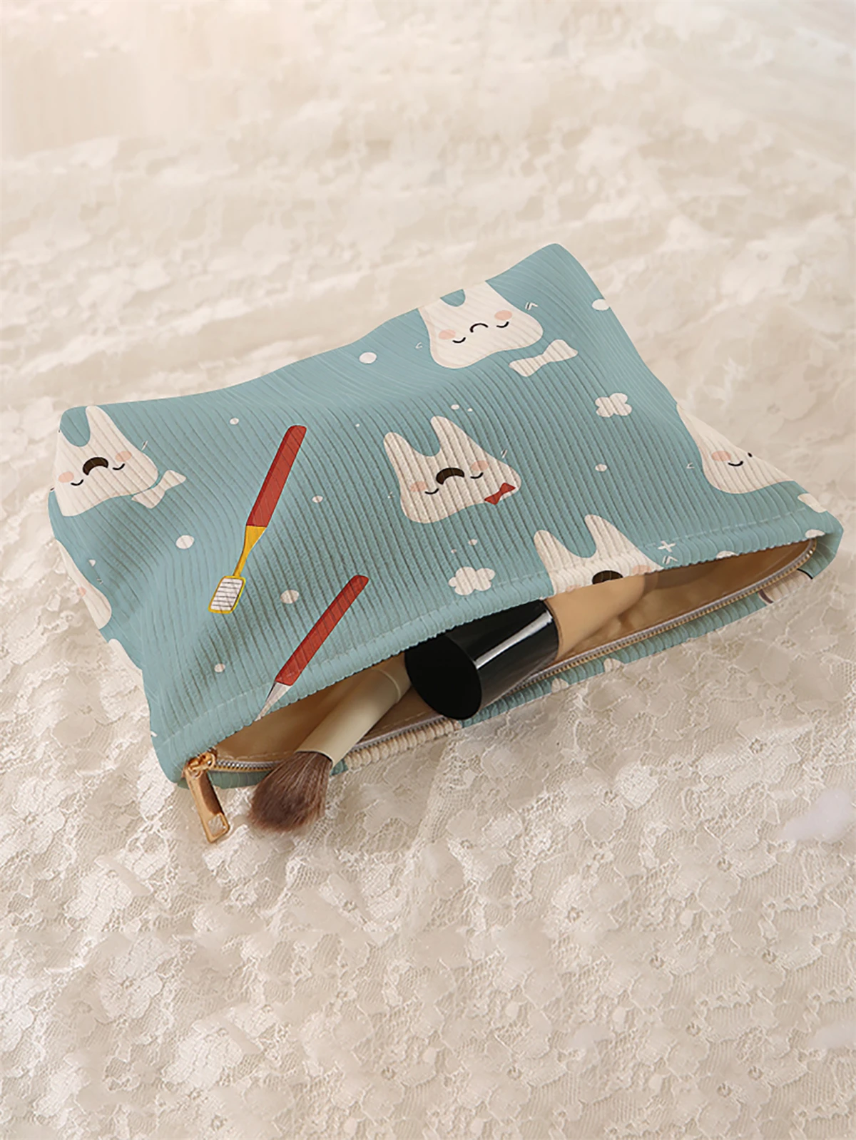 1 tooth patterned corduroy makeup bag, lightweight zipper makeup storage box, multifunctional bag with lining