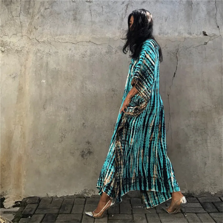 Fashion Casual Striped Print Long Dresses Women Bohemian V-neck Bat Sleeve Loose Slit Beach Dress Summer New Beachwear Vestidos 195 Fashion Casual Striped Print Long Dresses Women Bohemian V-neck Bat Sleeve Loose Slit Beach Dress Summer New Beachwear Vestidos