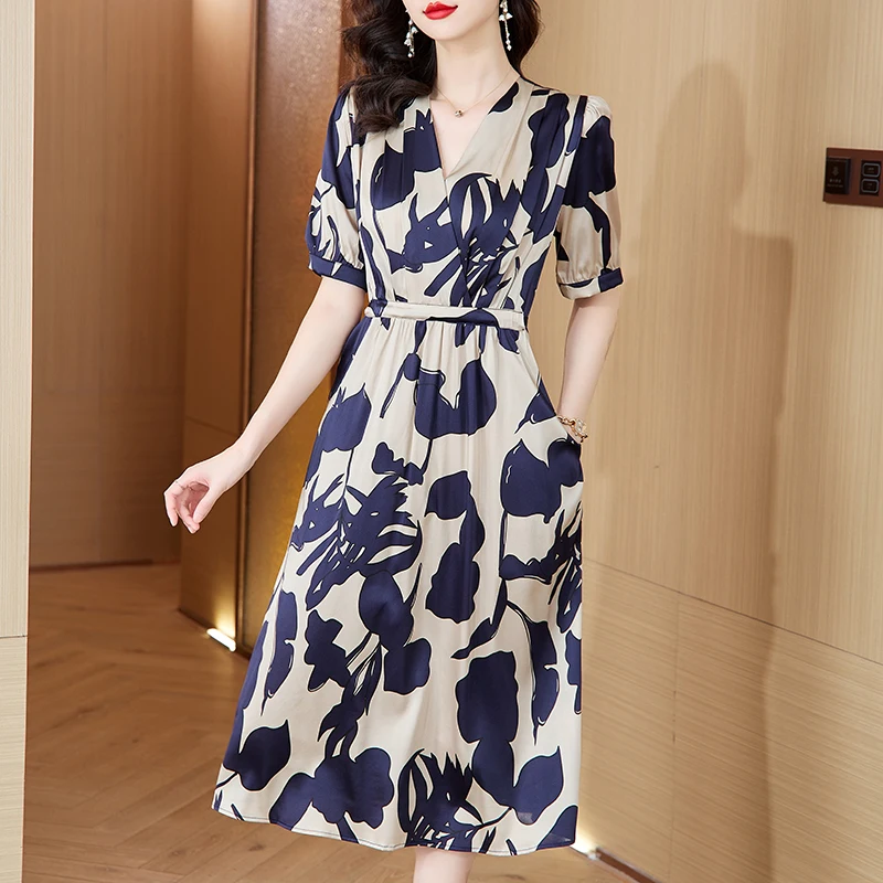 

2023 New Fashion Silk Printed Dress Women's Summer Versatile Retro Elegant Silk Loose Fit Leisure Holiday Dress Vestidos