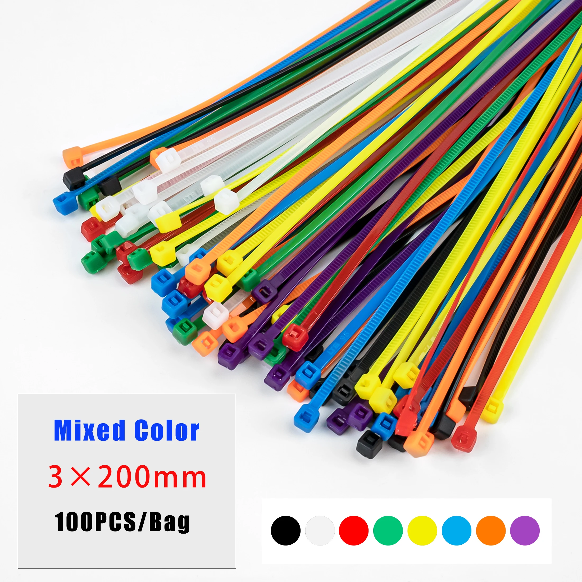 Multicolor Self-Locking Nylon Cable Ties - 3x200mm Plastic Wire Bundling Loops
