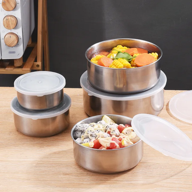 Boîte à Bento en acier inoxydable avec couvercle, réfrigérateur réutilisable, bol à légumes, récipient de stockage des aliments, accessoires de cuisine 5 pièces/ensemble 3
