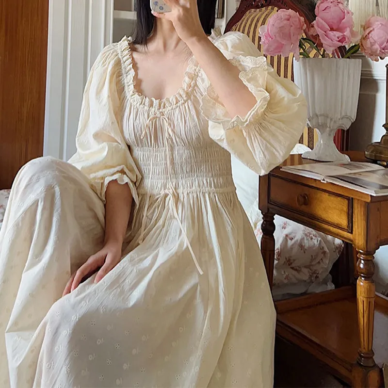 Princess Vintage Long Embroidery Nightgown Victorian Nightdress 100% Cotton Full Sleeve Sleepwear Ankle-Length Nightie For Women