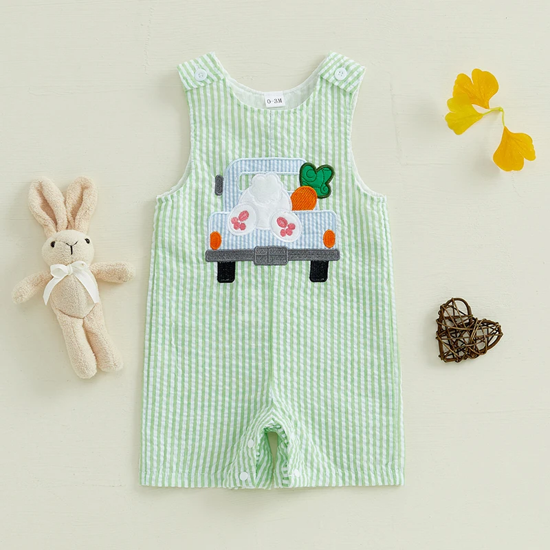 Infant Baby Girls Boys Easter Rompers Striped Bunny Truck Carrot Embroidery Crew Neck Sleeveless SpringJumpsuit Bunny Overalls 3