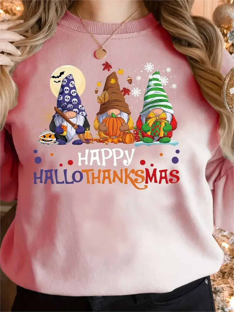 Happy Hallothanksas Print Sweatshirt, Casual Long Sleeve Crew Neck Sweatshirt, Women's Clothing